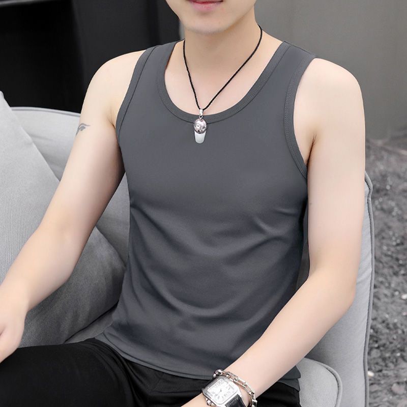 Ice Silk Cool Touch Feeling Men's round-neck Vest Summer Fashion Solid Color Simple Soft Comfortable Slim Fit  Sleeveless Top