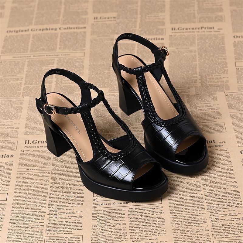 Women's Peep Toe Narrow Band t-strap Sandals 8cm Chunky Heel Platform Female High Quality Comfortable Sandal