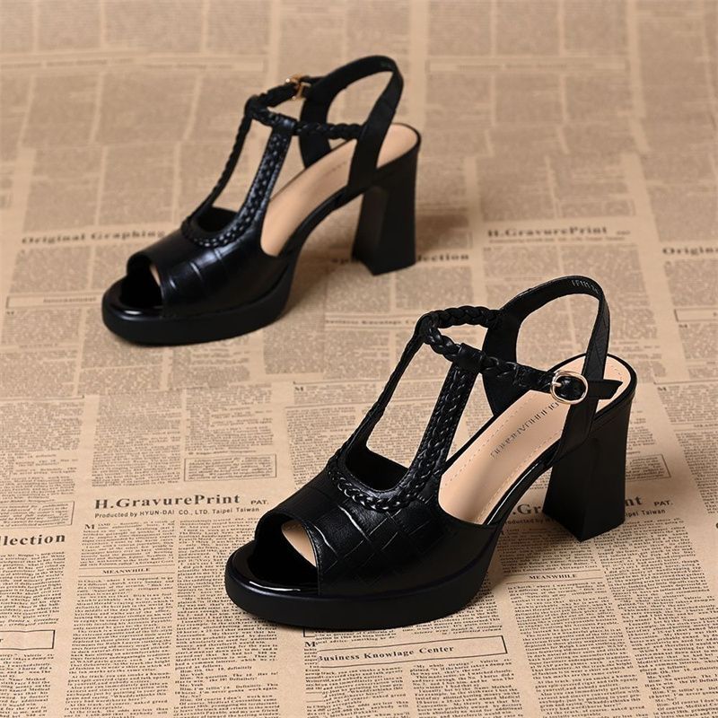 Women's Peep Toe Narrow Band t-strap Sandals 8cm Chunky Heel Platform Female High Quality Comfortable Sandal