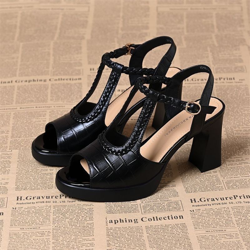 Women's Peep Toe Narrow Band t-strap Sandals 8cm Chunky Heel Platform Female High Quality Comfortable Sandal
