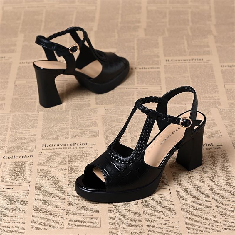 Women's Peep Toe Narrow Band t-strap Sandals 8cm Chunky Heel Platform Female High Quality Comfortable Sandal