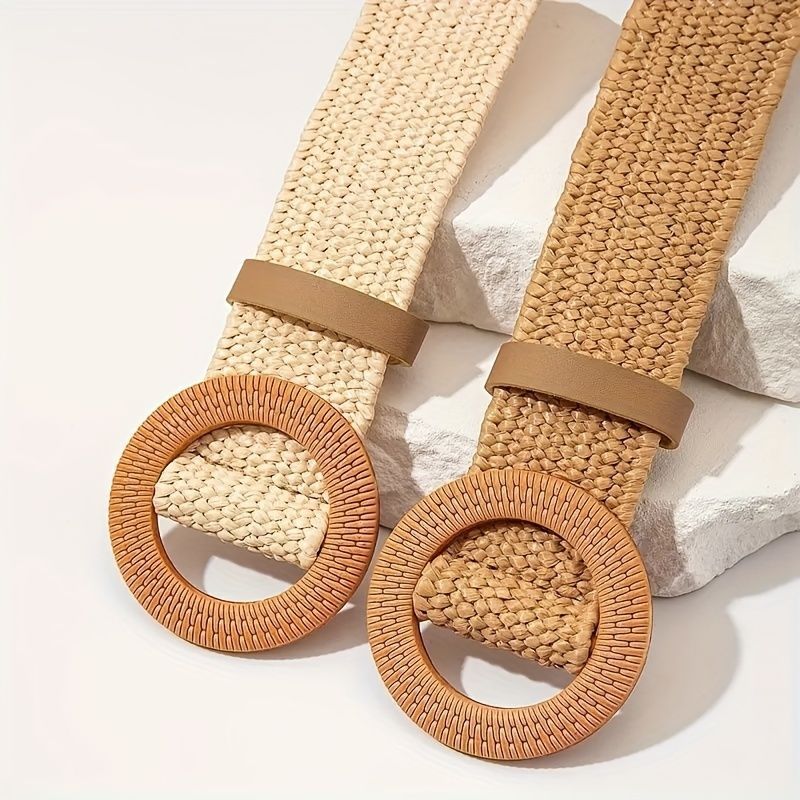New Women  Braided Belt SummerStraw Woven Belt Beach Style Elastic Wide Waistband Boho Dress Decorative Belt