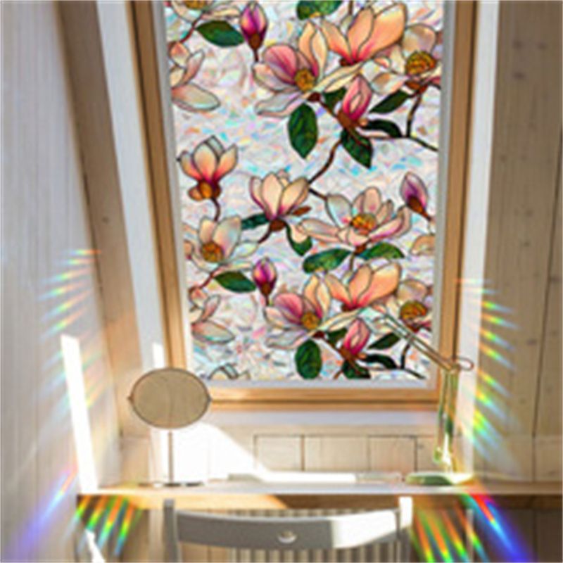 Window Film Static Cling Privacy Protection Stained Glass Film PVC Stained Colorful Plants Flowers Printed Home Decor Stickers