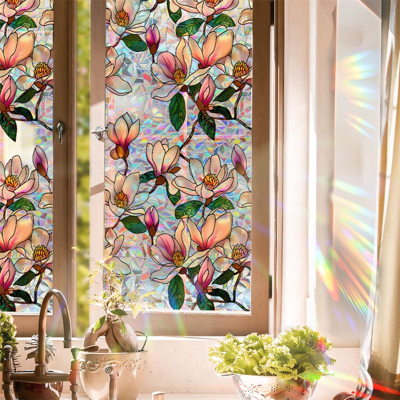 Window Film Static Cling Privacy Protection Stained Glass Film PVC Stained Colorful Plants Flowers Printed Home Decor Stickers