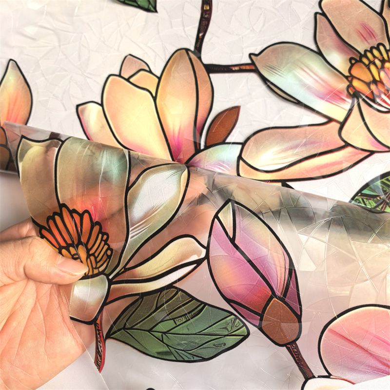 Window Film Static Cling Privacy Protection Stained Glass Film PVC Stained Colorful Plants Flowers Printed Home Decor Stickers