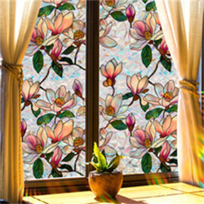 Window Film Static Cling Privacy Protection Stained Glass Film PVC Stained Colorful Plants Flowers Printed Home Decor Stickers