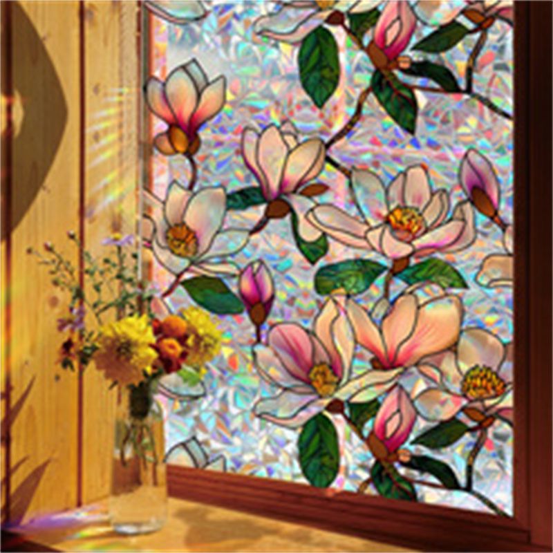 Window Film Static Cling Privacy Protection Stained Glass Film PVC Stained Colorful Plants Flowers Printed Home Decor Stickers