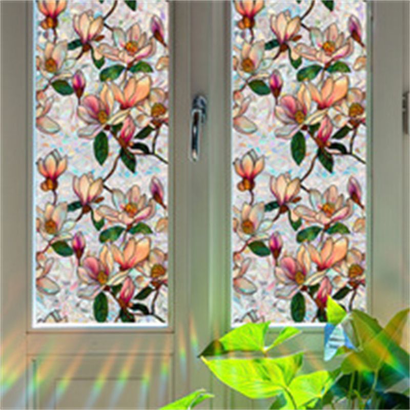 Window Film Static Cling Privacy Protection Stained Glass Film PVC Stained Colorful Plants Flowers Printed Home Decor Stickers