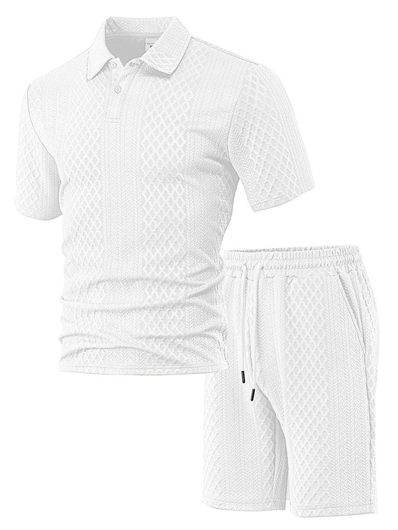 Summer New Men's Casual Sportswear Polo Shirt Turn-over collar Men's Short-sleeved Shirt And Shorts Jacquard Texture Suit