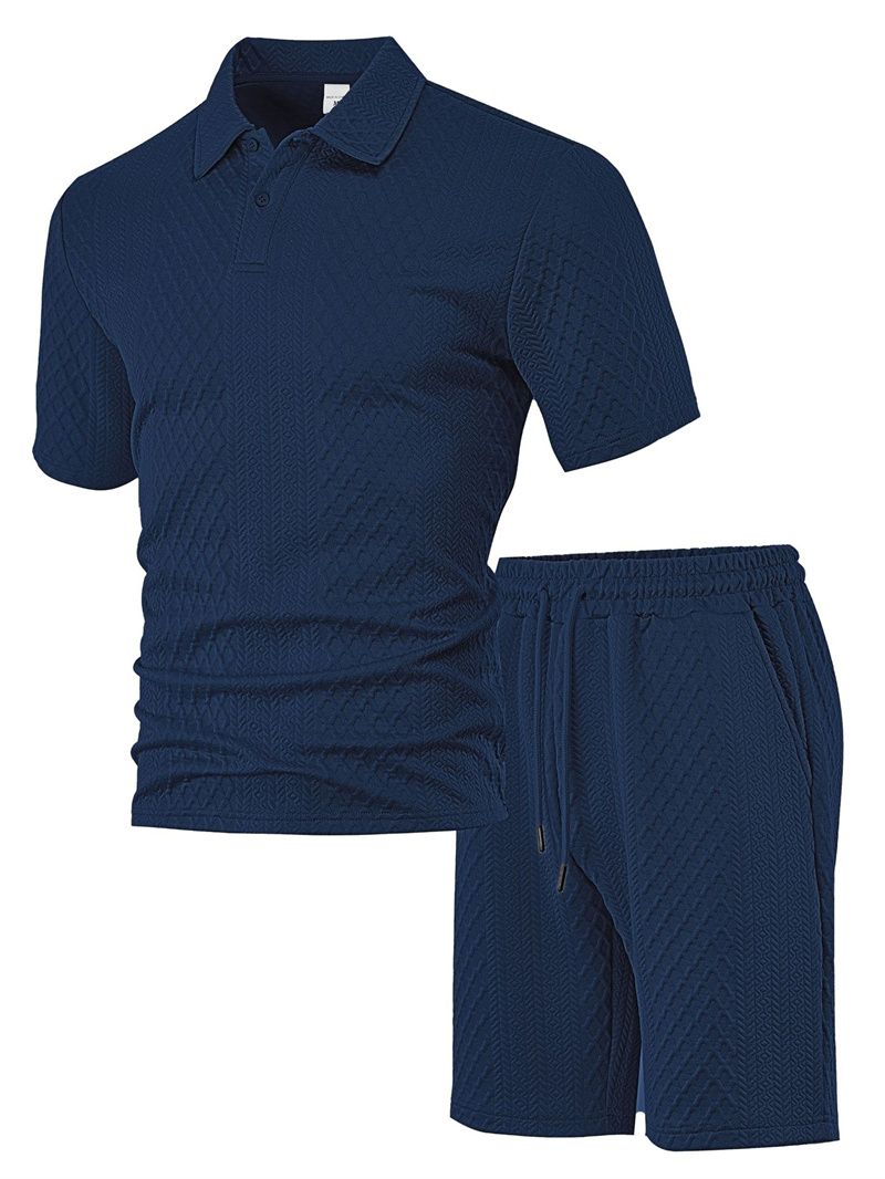 Summer New Men's Casual Sportswear Polo Shirt Turn-over collar Men's Short-sleeved Shirt And Shorts Jacquard Texture Suit