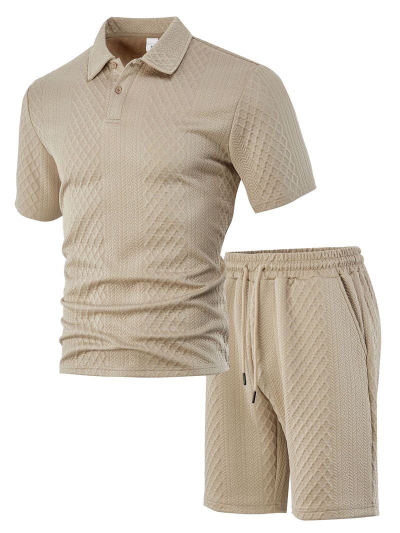 Summer New Men's Casual Sportswear Polo Shirt Turn-over collar Men's Short-sleeved Shirt And Shorts Jacquard Texture Suit