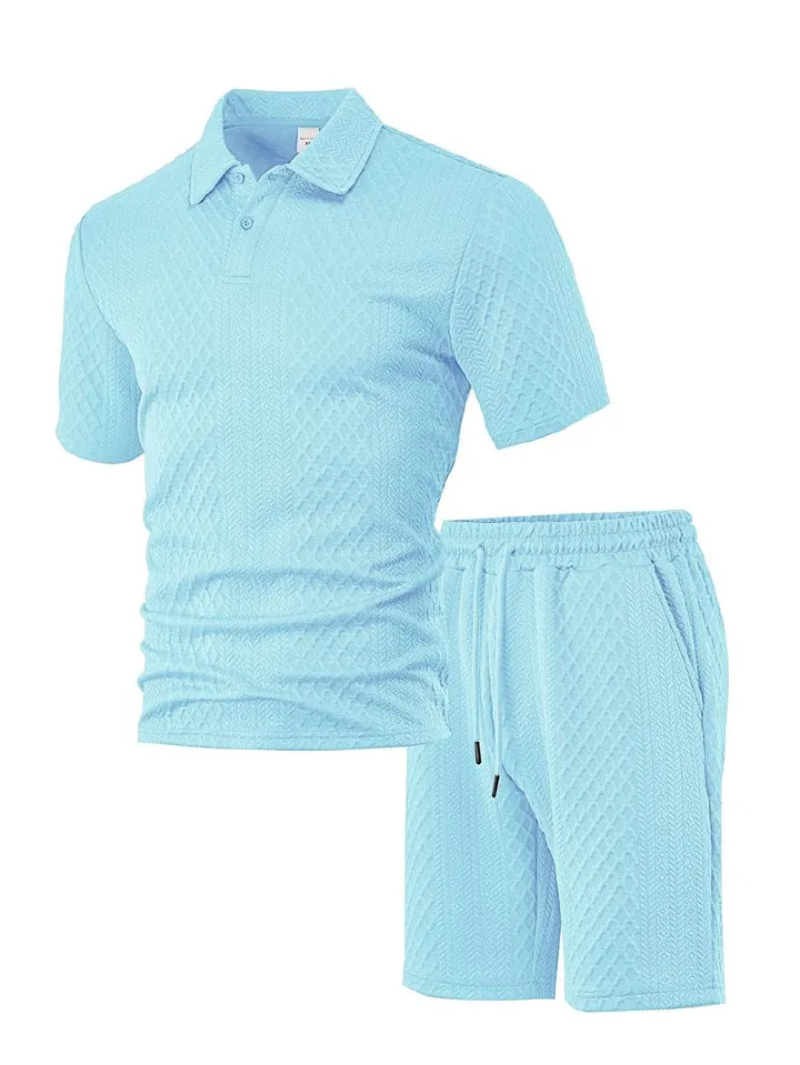 Summer New Men's Casual Sportswear Polo Shirt Turn-over collar Men's Short-sleeved Shirt And Shorts Jacquard Texture Suit