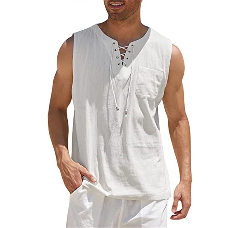 Men Cotton Linen Pocket Loose Vests Summer Male Collarless Lace Up Criss Baggy Tank Tops