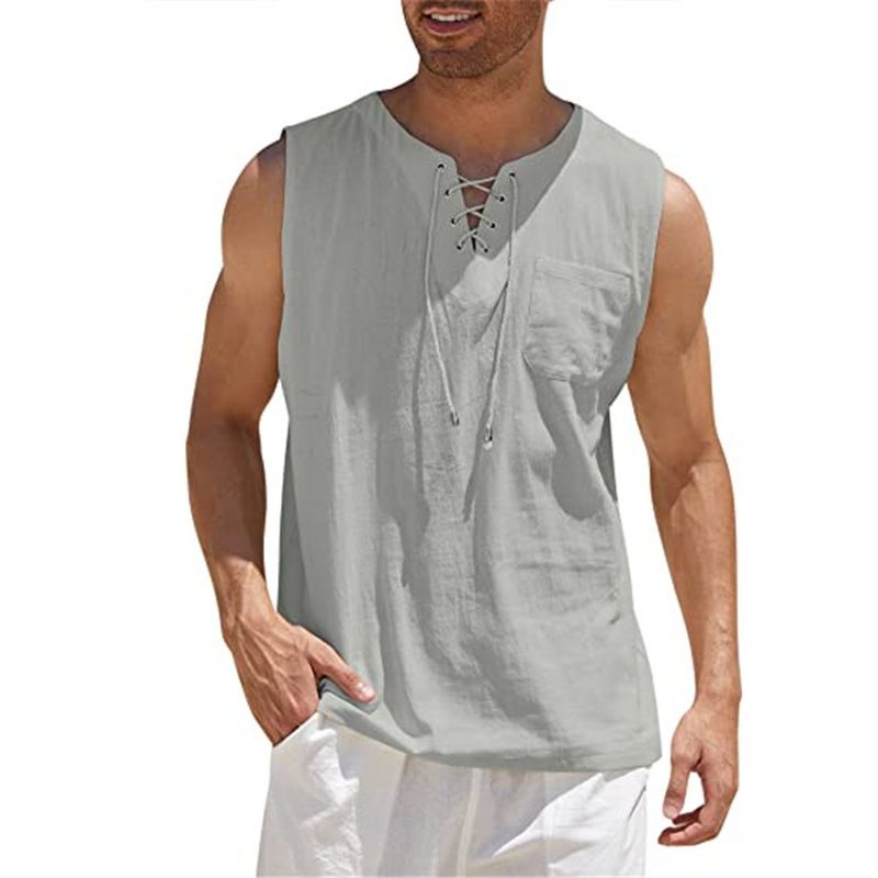 Men Cotton Linen Pocket Loose Vests Summer Male Collarless Lace Up Criss Baggy Tank Tops