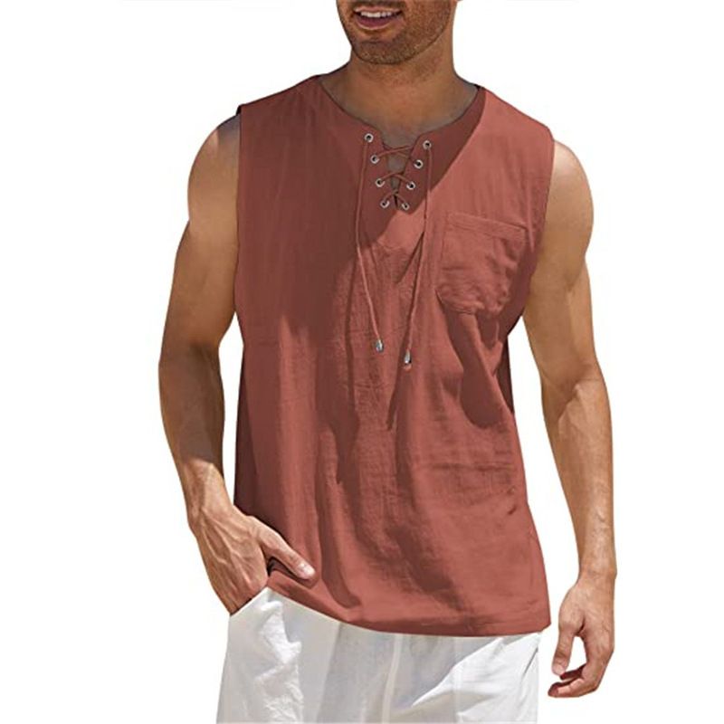Men Cotton Linen Pocket Loose Vests Summer Male Collarless Lace Up Criss Baggy Tank Tops