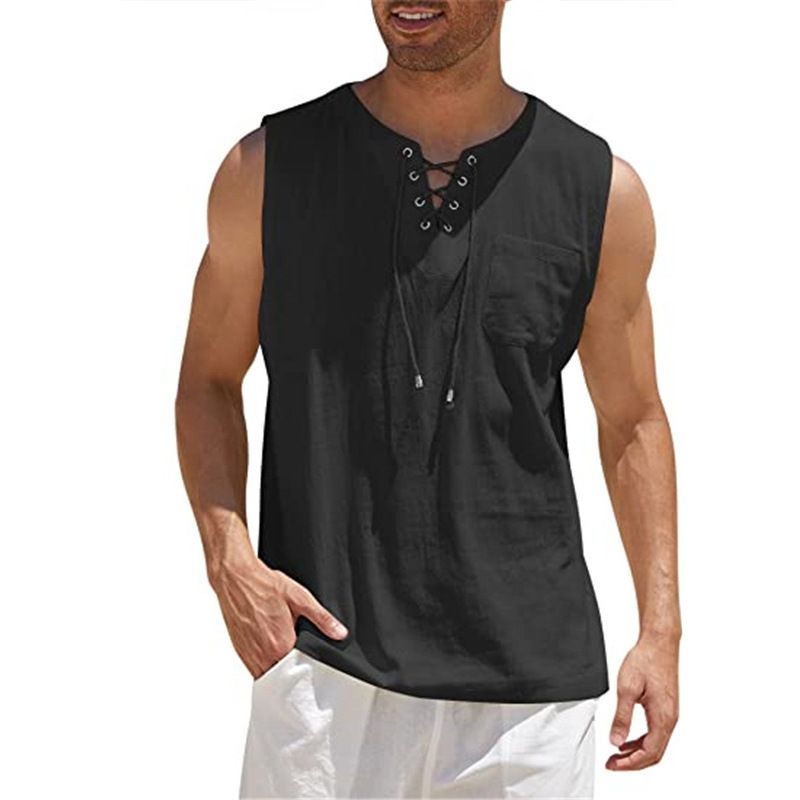 Men Cotton Linen Pocket Loose Vests Summer Male Collarless Lace Up Criss Baggy Tank Tops