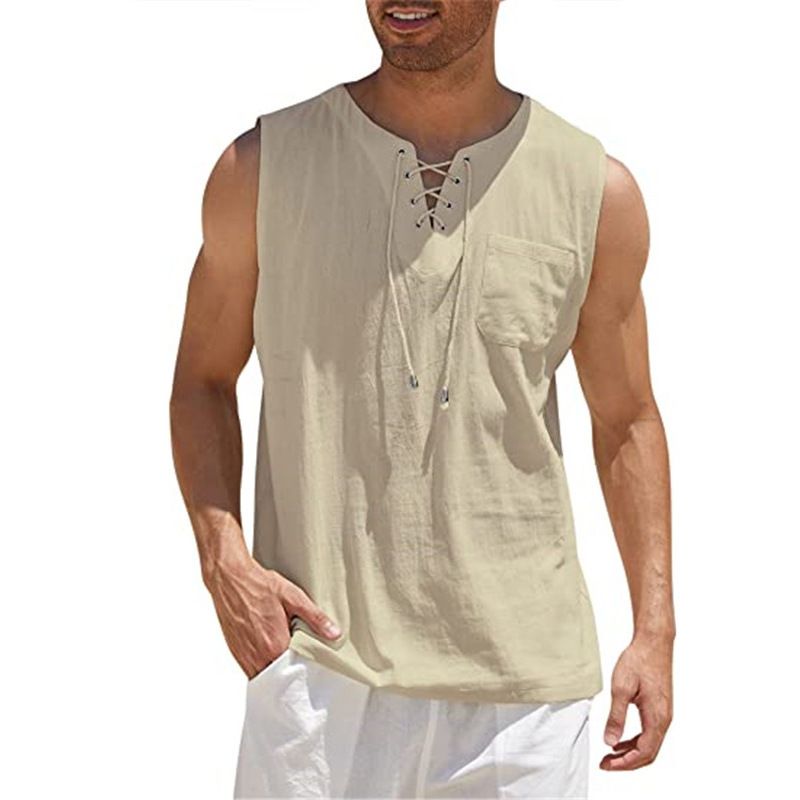 Men Cotton Linen Pocket Loose Vests Summer Male Collarless Lace Up Criss Baggy Tank Tops