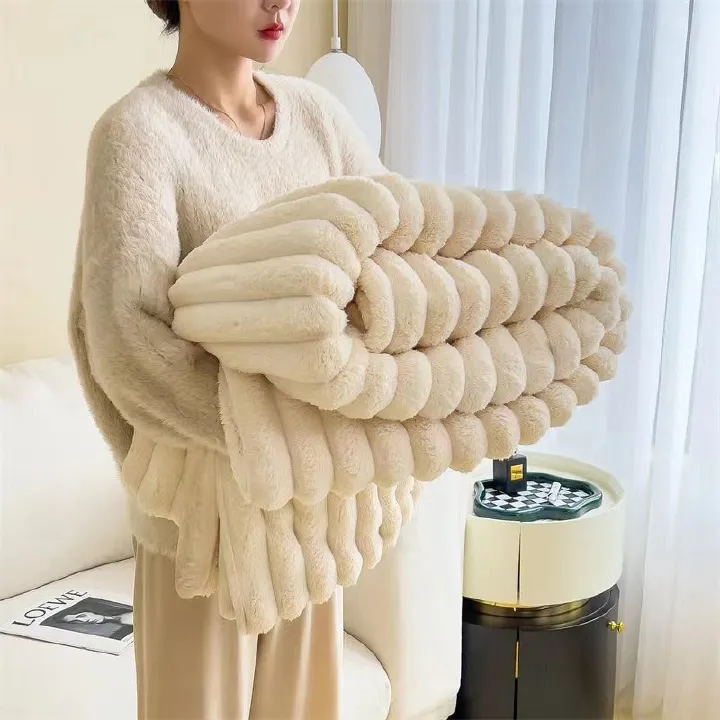Ultra Soft Faux Rabbit Fur Throw Blanket Warm Plush Striped Blankets Conditioning Quilt Fluffy Throws for Couch Chair Sofa