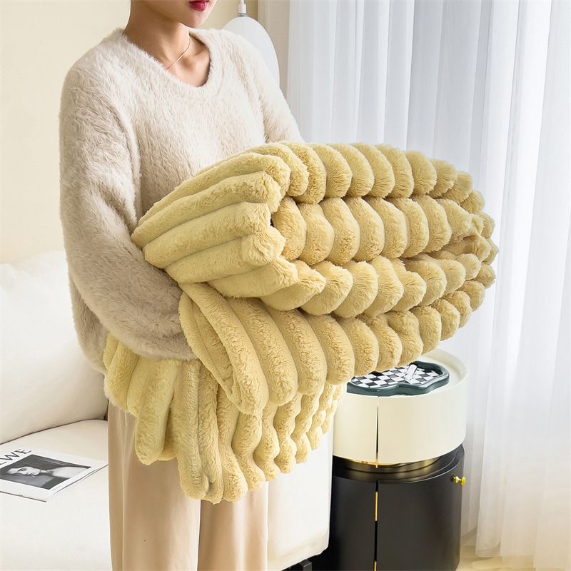 Ultra Soft Faux Rabbit Fur Throw Blanket Warm Plush Striped Blankets Conditioning Quilt Fluffy Throws for Couch Chair Sofa