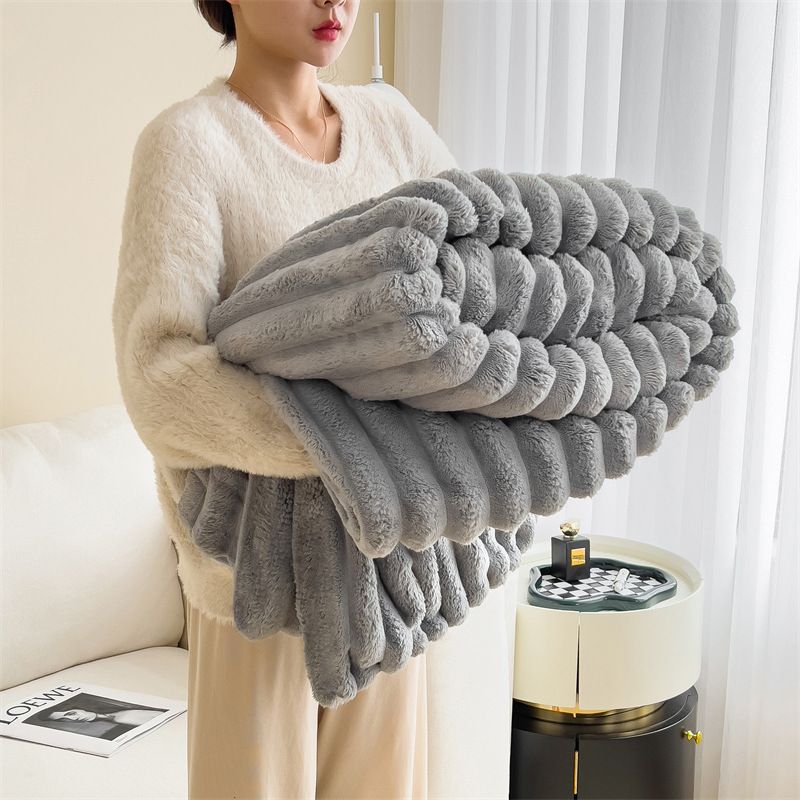 Ultra Soft Faux Rabbit Fur Throw Blanket Warm Plush Striped Blankets Conditioning Quilt Fluffy Throws for Couch Chair Sofa