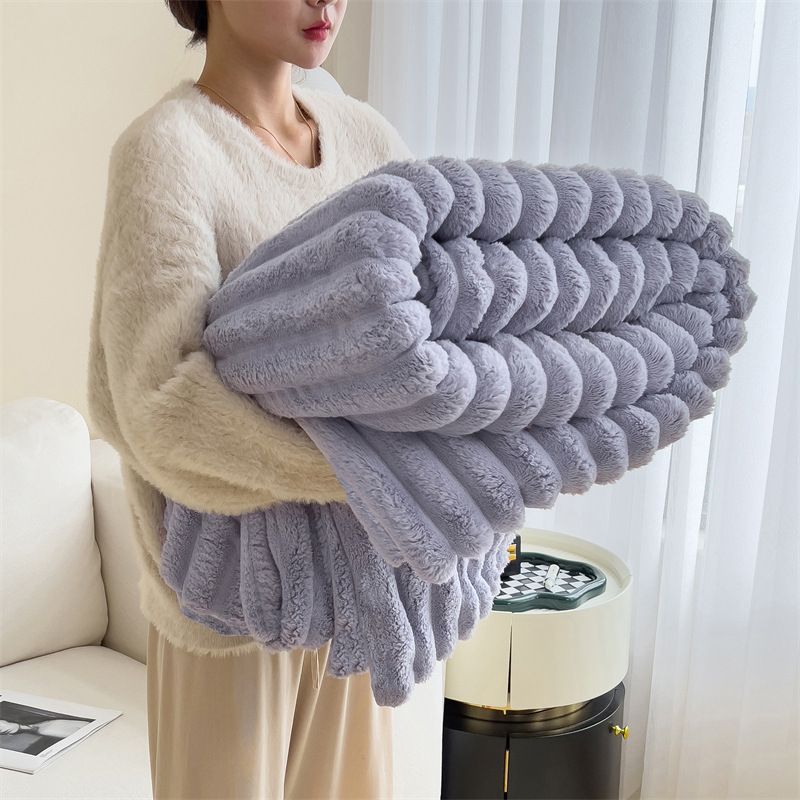 Ultra Soft Faux Rabbit Fur Throw Blanket Warm Plush Striped Blankets Conditioning Quilt Fluffy Throws for Couch Chair Sofa