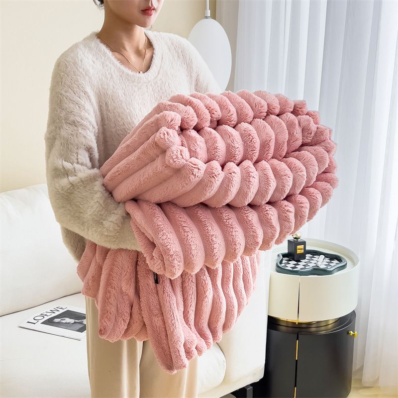 Ultra Soft Faux Rabbit Fur Throw Blanket Warm Plush Striped Blankets Conditioning Quilt Fluffy Throws for Couch Chair Sofa