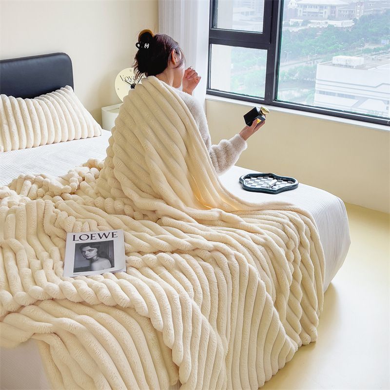 Ultra Soft Faux Rabbit Fur Throw Blanket Warm Plush Striped Blankets Conditioning Quilt Fluffy Throws for Couch Chair Sofa