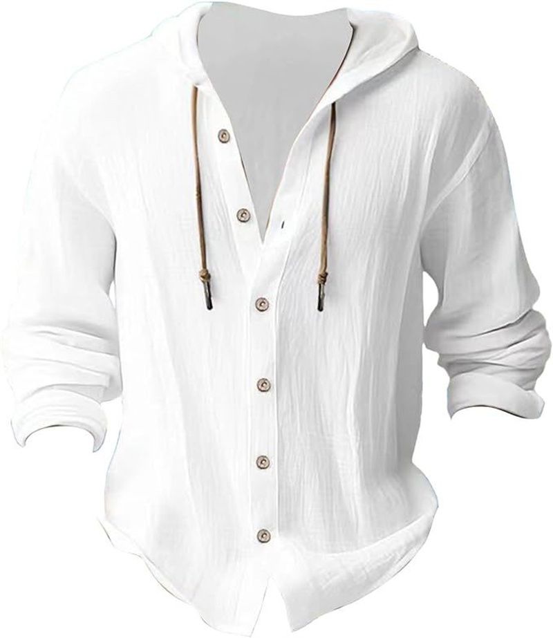 Men's Solid Color Casual Shirt  Hooded Drawstring Cotton and Linen Cardigan Trendy and Versatile Loose Beach T-shirt