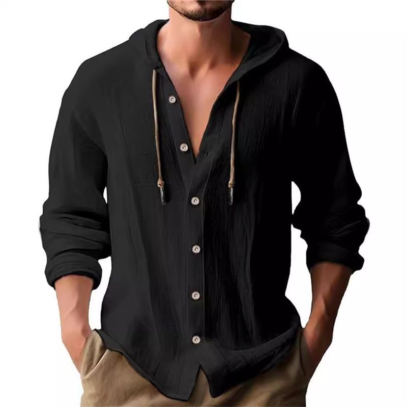Men's Solid Color Casual Shirt  Hooded Drawstring Cotton and Linen Cardigan Trendy and Versatile Loose Beach T-shirt
