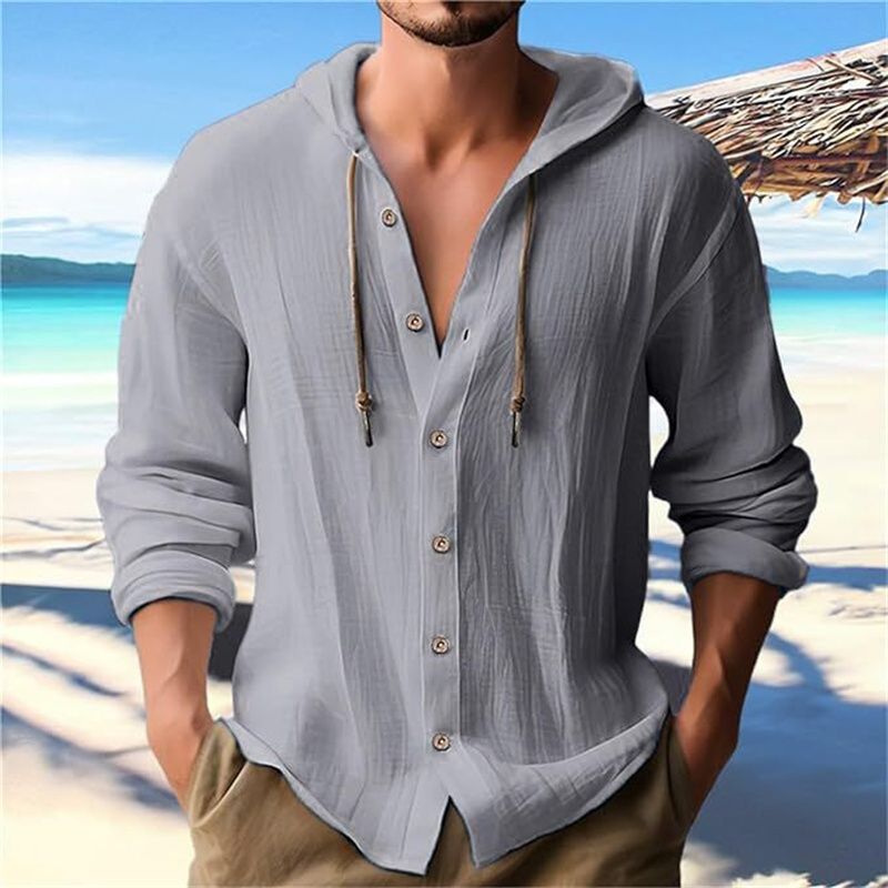 Men's Solid Color Casual Shirt  Hooded Drawstring Cotton and Linen Cardigan Trendy and Versatile Loose Beach T-shirt