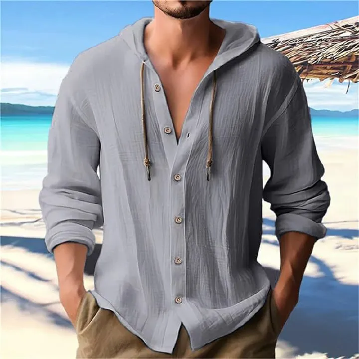 Men's Solid Color Casual Shirt  Hooded Drawstring Cotton and Linen Cardigan Trendy and Versatile Loose Beach T-shirt
