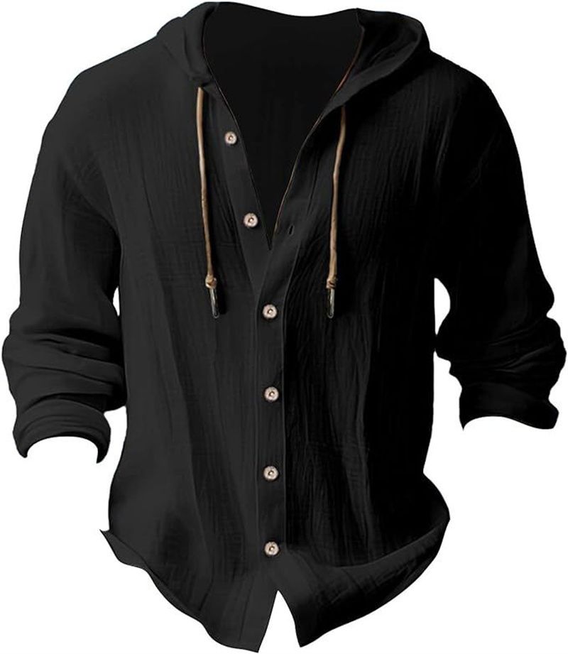 Men's Solid Color Casual Shirt  Hooded Drawstring Cotton and Linen Cardigan Trendy and Versatile Loose Beach T-shirt