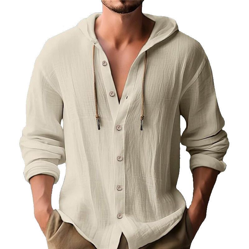 Men's Solid Color Casual Shirt  Hooded Drawstring Cotton and Linen Cardigan Trendy and Versatile Loose Beach T-shirt