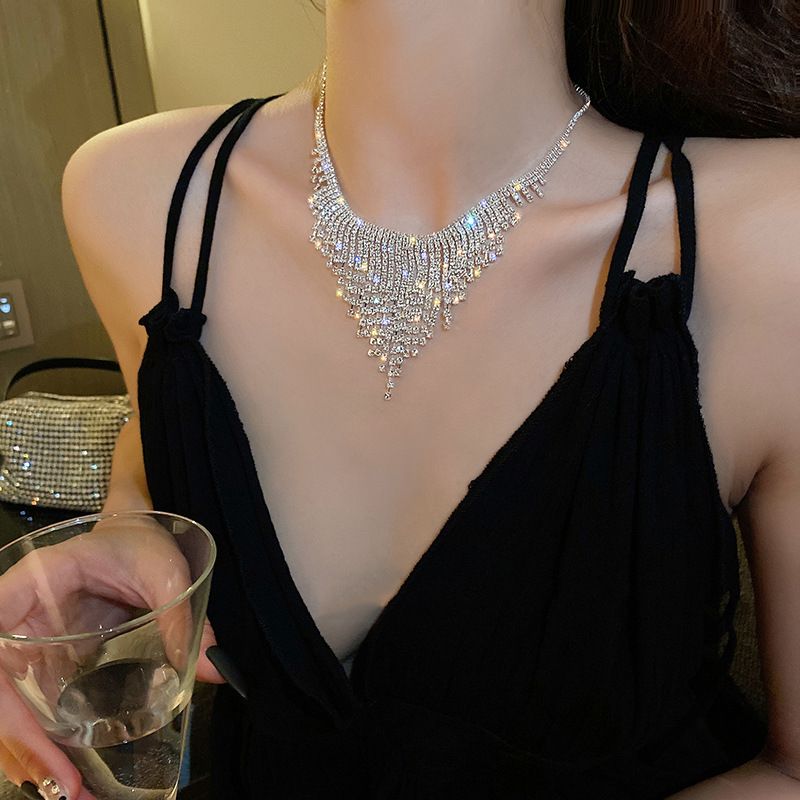 Long Tassel Chains Necklaces for Women Geometric Full Rhinestone Crystal Necklaces Wedding Banquet Jewelry
