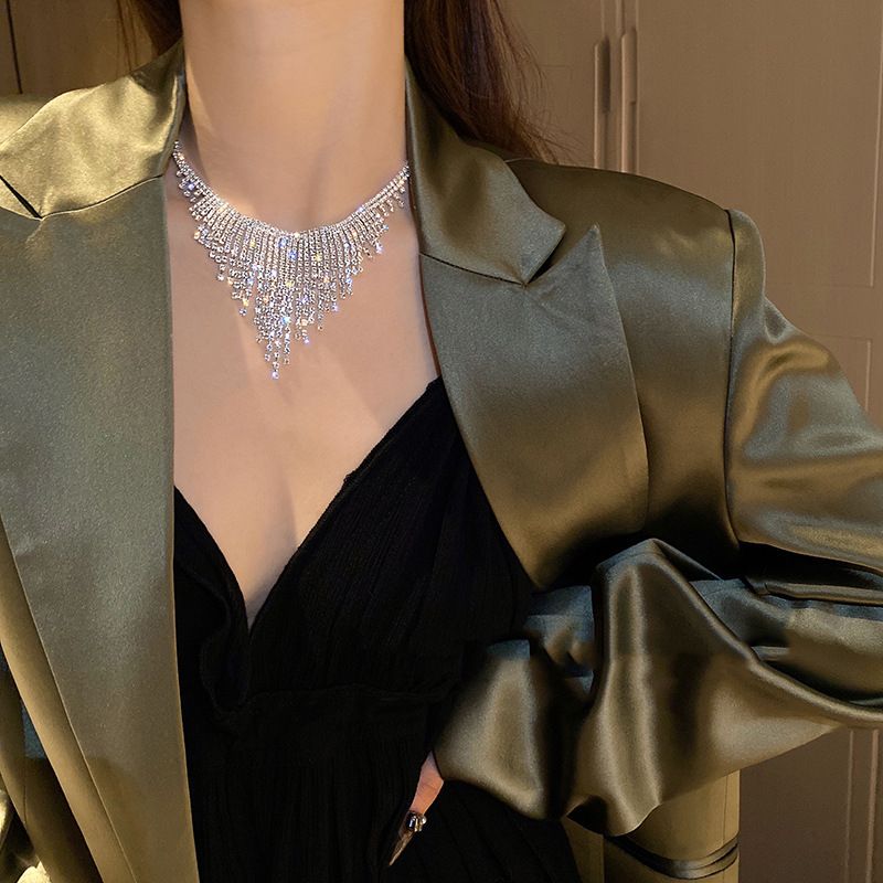 Long Tassel Chains Necklaces for Women Geometric Full Rhinestone Crystal Necklaces Wedding Banquet Jewelry
