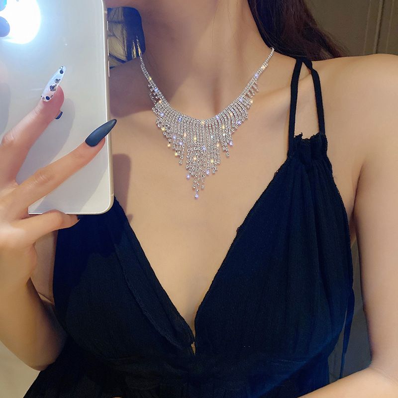 Long Tassel Chains Necklaces for Women Geometric Full Rhinestone Crystal Necklaces Wedding Banquet Jewelry