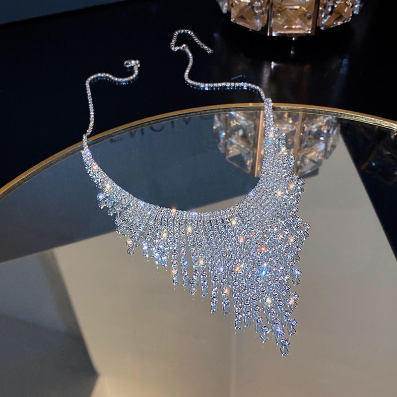 Long Tassel Chains Necklaces for Women Geometric Full Rhinestone Crystal Necklaces Wedding Banquet Jewelry