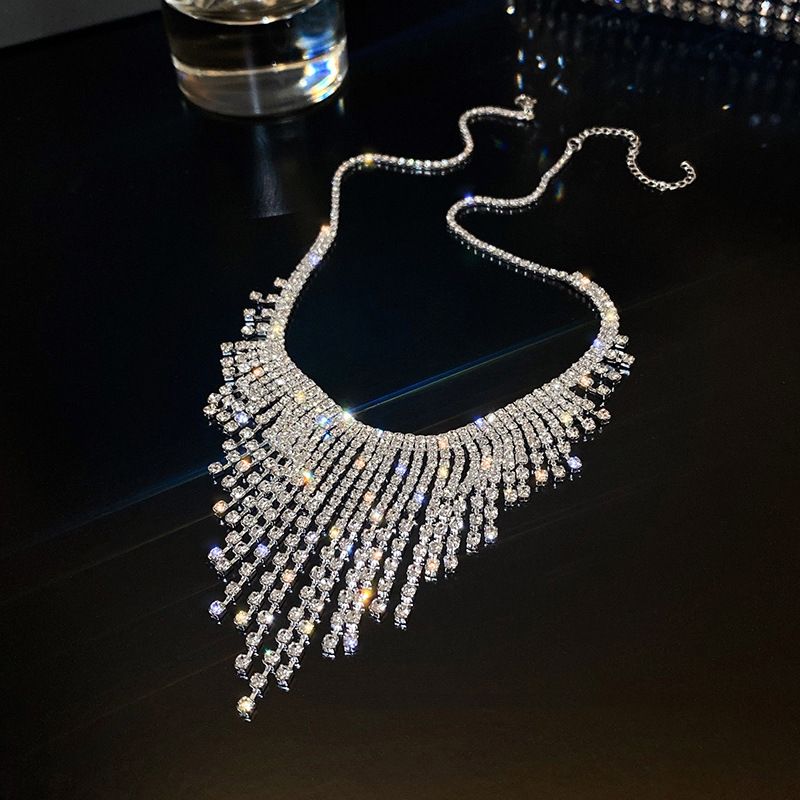 Long Tassel Chains Necklaces for Women Geometric Full Rhinestone Crystal Necklaces Wedding Banquet Jewelry