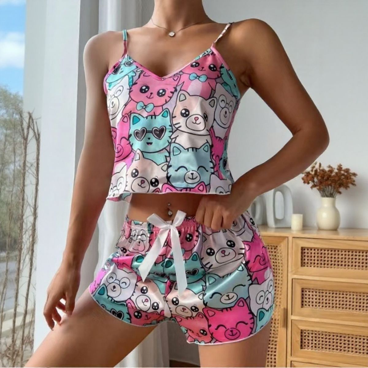 Fashion Home Clothes Straps Summer Home Clothes Kitten Ice Silk Set