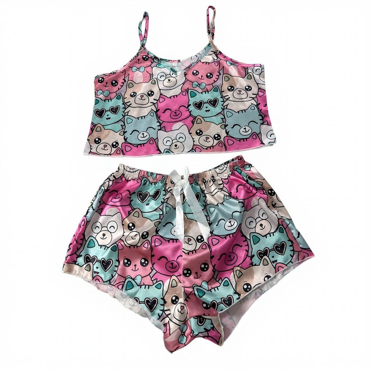 Fashion Home Clothes Straps Summer Home Clothes Kitten Ice Silk Set