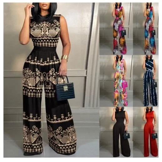 Elegant Women Stand Neck Slim Long Sleeve Bodysuits Fall/winter Fashion Print Wide Leg Rompers Casual Waist Jumpsuits Streetwear