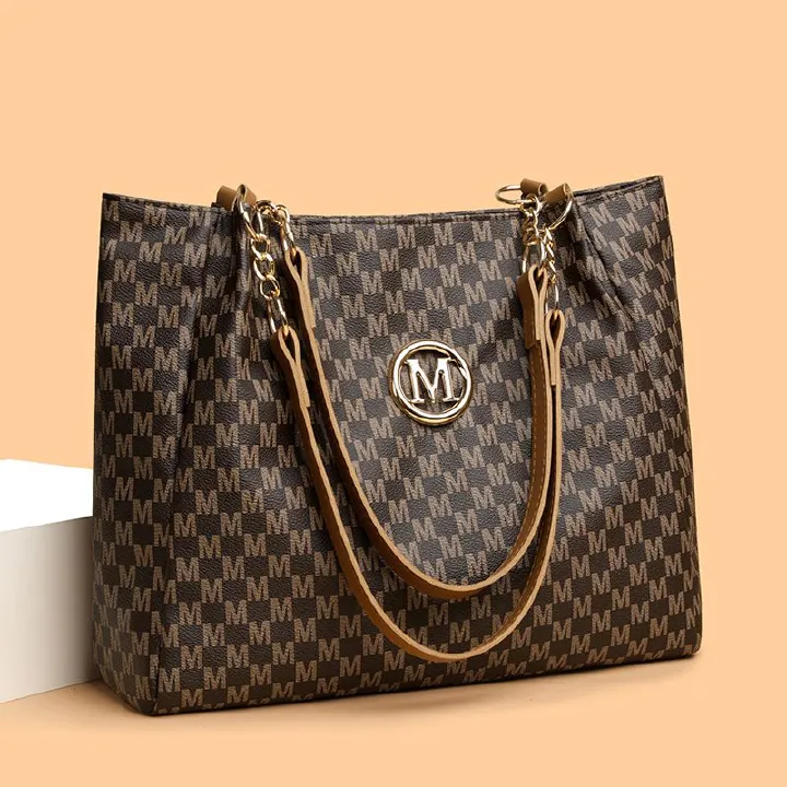 Vintage Geometric Tote Bag Synthetic Leather Letter "M" Design for Women Handbag Shoulder Bag Large Capacity Shopping Travel Bag