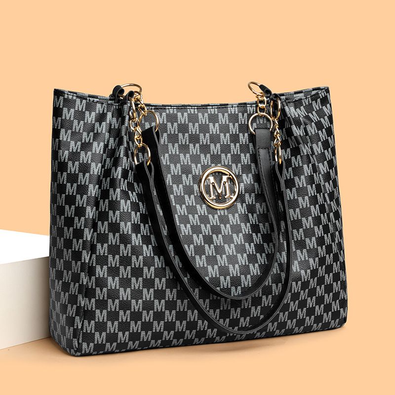 Vintage Geometric Tote Bag Synthetic Leather Letter "M" Design for Women Handbag Shoulder Bag Large Capacity Shopping Travel Bag