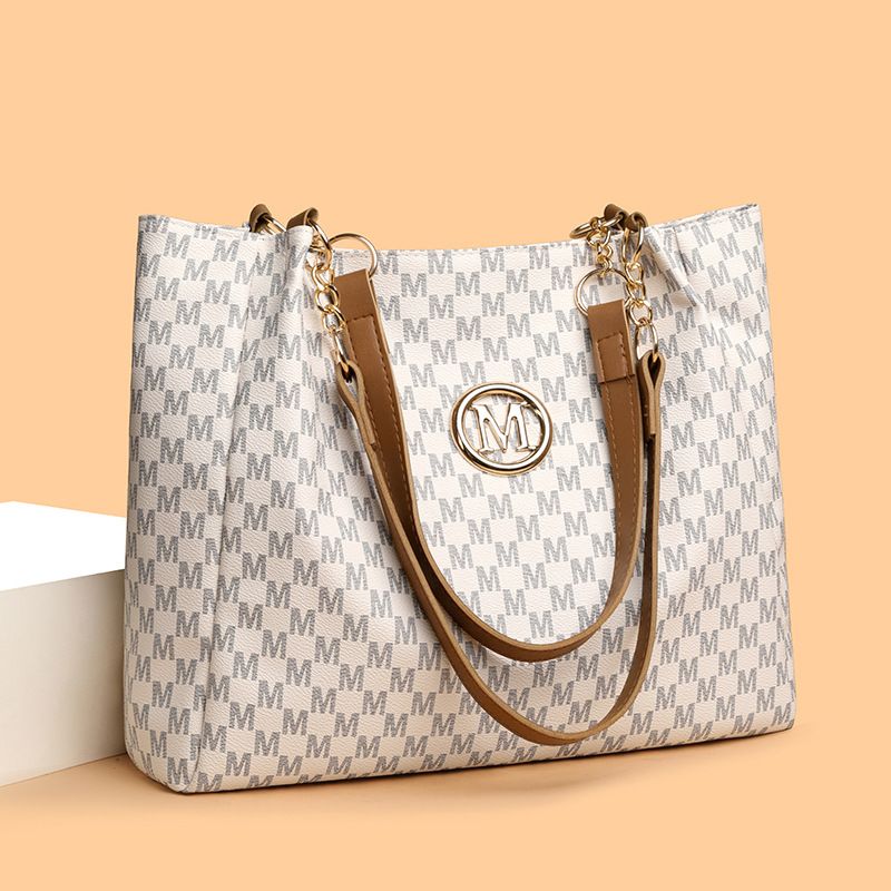 Vintage Geometric Tote Bag Synthetic Leather Letter "M" Design for Women Handbag Shoulder Bag Large Capacity Shopping Travel Bag