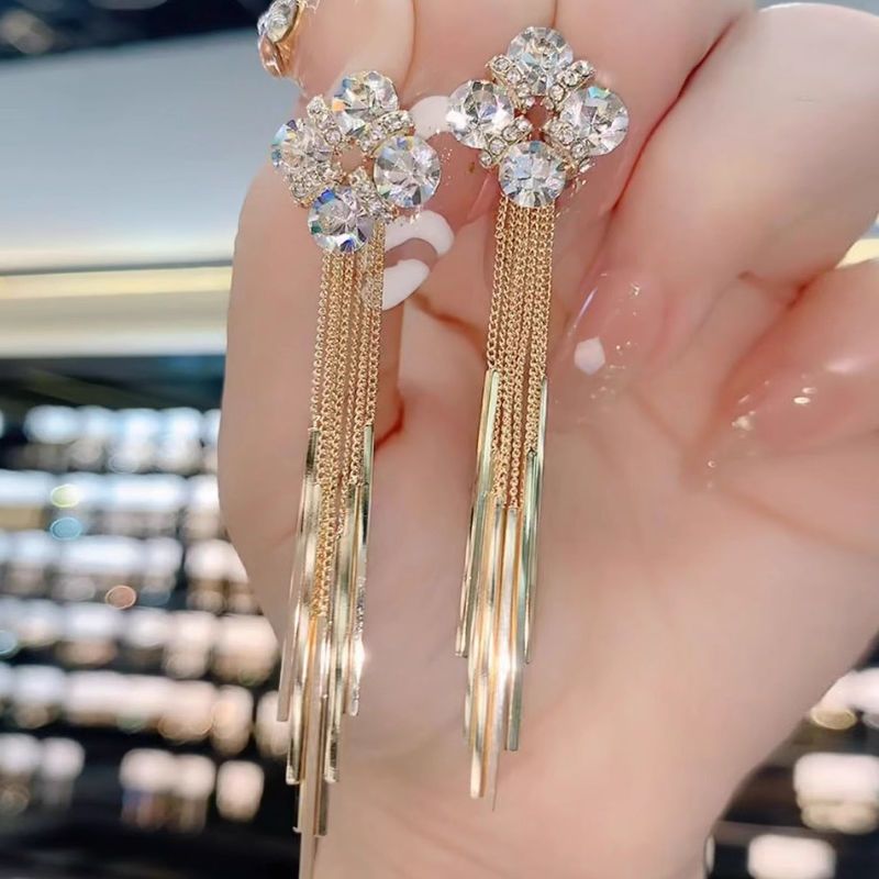 925 Silver Needle Korean Fashion Crystal Long Tassel Earrings For Women Jewelry Trending Luxury Exaggerated Earrings Gifts