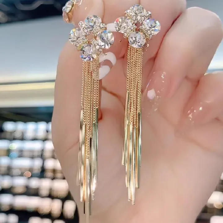 925 Silver Needle Korean Fashion Crystal Long Tassel Earrings For Women Jewelry Trending Luxury Exaggerated Earrings Gifts