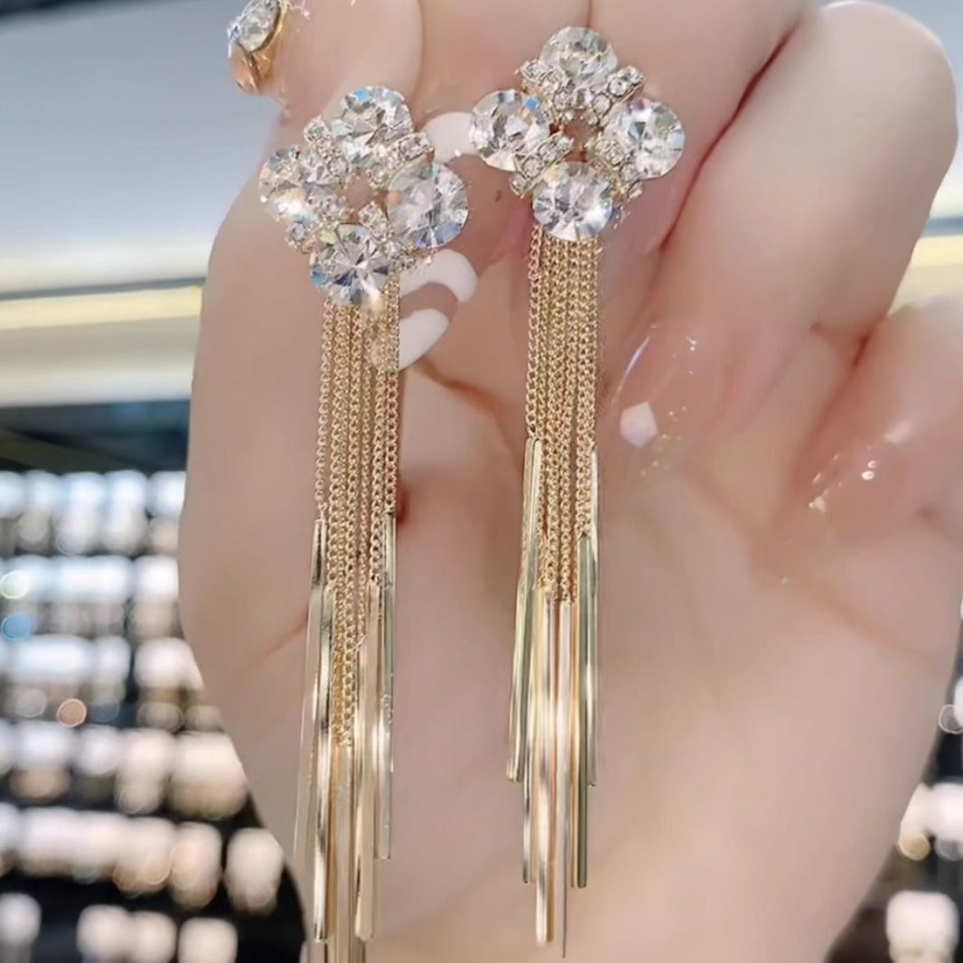 925 Silver Needle Korean Fashion Crystal Long Tassel Earrings For Women Jewelry Trending Luxury Exaggerated Earrings Gifts