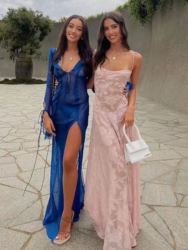 Women's Summer Sheer Slip Long Dress Floral Maxi Dress Casual Sexy Elegant