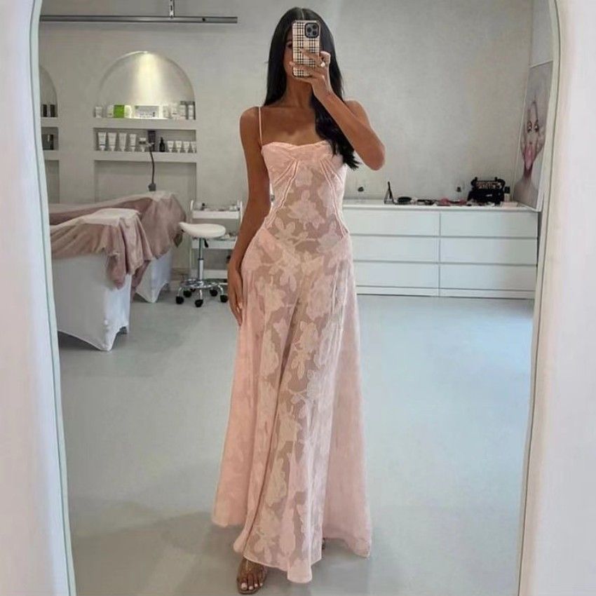 Women's Summer Sheer Slip Long Dress Floral Maxi Dress Casual Sexy Elegant