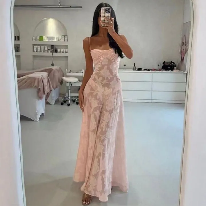 Women's Summer Sheer Slip Long Dress Floral Maxi Dress Casual Sexy Elegant